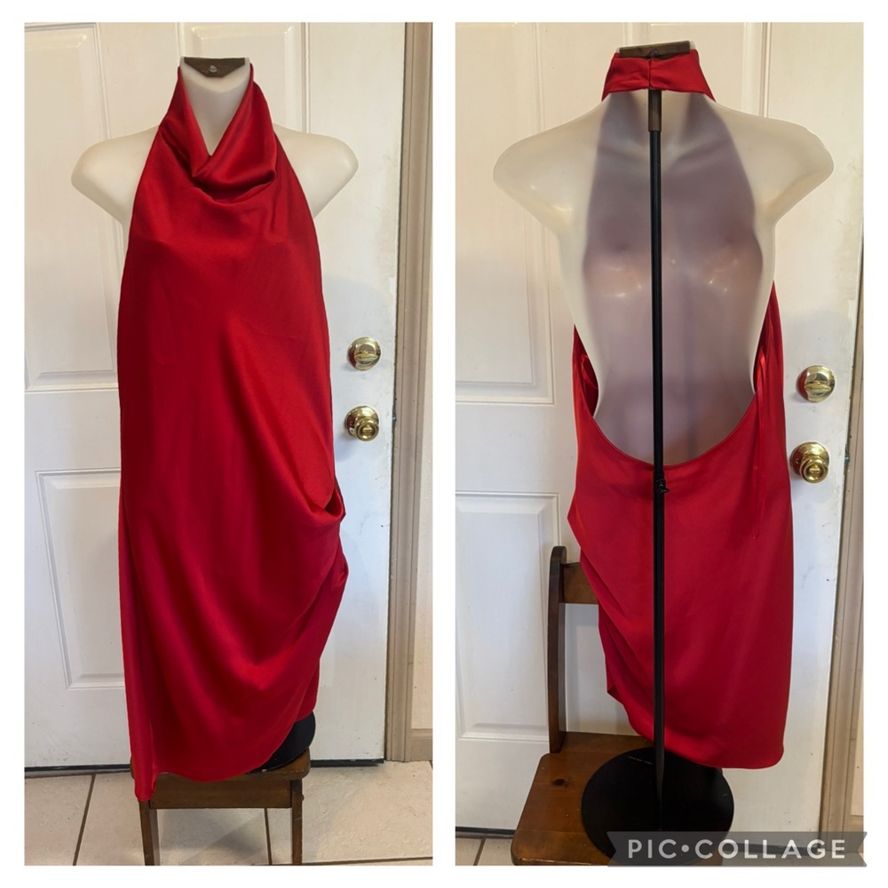 Size 8 Gianni Bini Red Peyton Ruched Satin Cowl Halter Neck Sleeveless Dress
